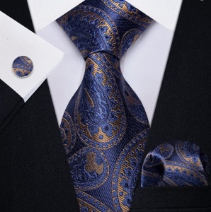 Cravata bleumarin cu auriu + batista + butoni - matase -- model 886