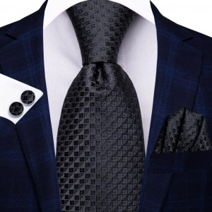 Set cravata neagra + batista + butoni - matase - model 572