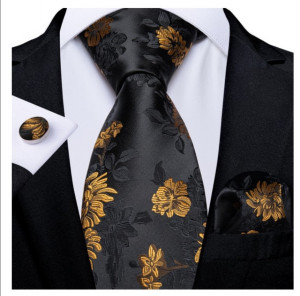 Set cravata neagra cu auriu + batista + butoni - matase - model 156