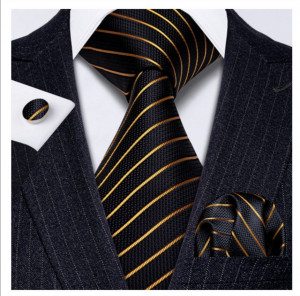 Set cravata neagra cu auriu + batista + butoni - matase - model 78