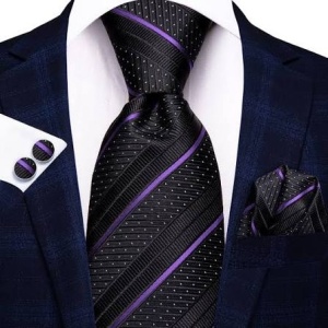 Set cravata negru cu mov + batista + butoni - matase -- model 882