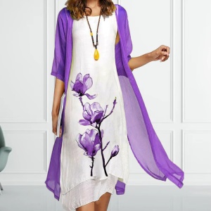 Rochie alb cu mov din 2 piese, design floral, Bella