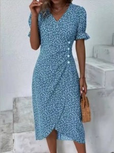 Rochie dama, model floral, albastru cu alb, Sorana