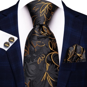 Set cravata neagra cu auriu + batista + butoni - matase -- model 804