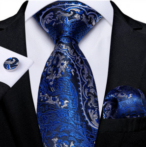 Set cravata albastra cu argintiu + batista + butoni - matase - model 323