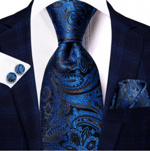 Set cravata bleumarin + batista + butoni - matase - model 455
