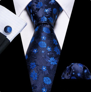 Set cravata bleumarin + batista + butoni - matase - model 689