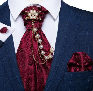 Set cravata / esarfa Ascot + batista + butoni + brosa, model 2