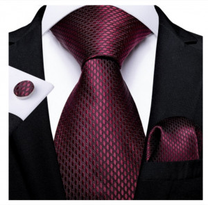 Set cravata grena / bordo + batista + butoni - matase - model 235