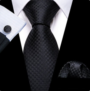Set cravata neagra + batista + butoni - matase - model 680
