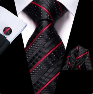 Set cravata neagra cu rosu + batista + butoni - matase - model 740