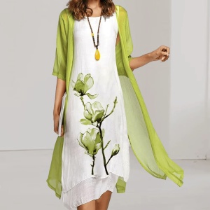 Rochie alb cu verde din 2 piese, design floral, Bella