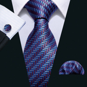 Set cravata albastra / multicolora + batista + butoni - matase - model 279