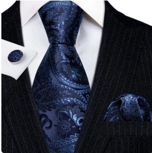 Set cravata bleumarin + batista + butoni - matase - model 699