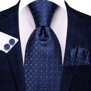 Set cravata bleumarin + batista + butoni - matase -- model 819