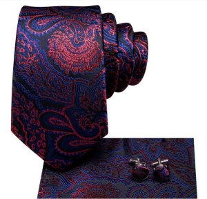set cravata albastra cu rosu + batista + butoni