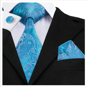 Set cravata albastra + batista + butoni - matase - model 71