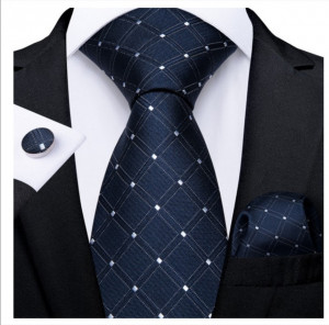 Set cravata bleumarin cu alb + batista + butoni - matase - model 128