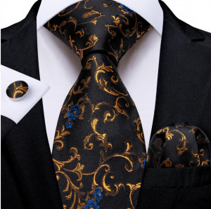 Set cravata neagra cu auriu + batista + butoni - matase - model 421
