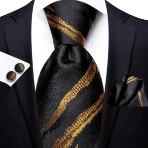 Set cravata neagra cu auriu + batista + butoni - matase -- model 800