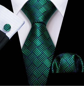 Set cravata verde + batista + butoni - matase - model 467
