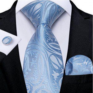Set cravata bleu + batista + butoni - matase - model 643