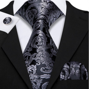 Set cravata gri / argintie + batista + butoni - matase - model 343