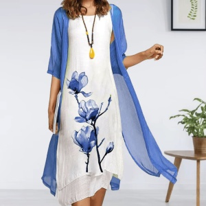 Rochie alb cu albastru din 2 piese, design floral, Bella