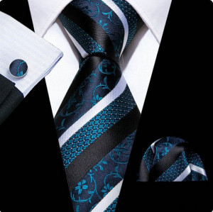 Set cravata albastra + batista + butoni - matase - model 664