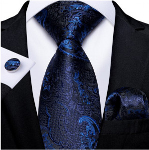 Set cravata bleumarin + batista + butoni - matase - model 326