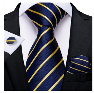 Set cravata bleumarin cu galben + batista + butoni - matase - model 130
