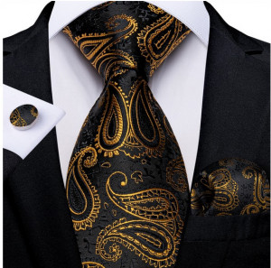 Set cravata neagra cu auriu + batista + butoni - matase - model 423