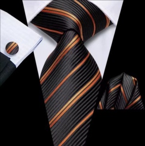 Set cravata neagra cu auriu + batista + butoni - matase -- model 853