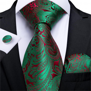 Set cravata verde cu rosu + batista + butoni - matase - model 229