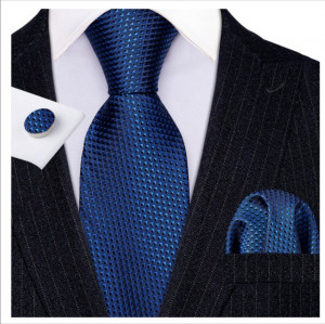 Set cravata albastrra + batista + butoni - matase - model 97