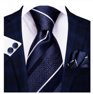 Set cravata bleumarin + batista + butoni - matase - model 240
