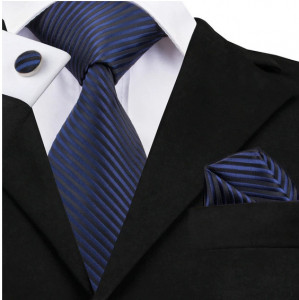 Set cravata bleumarin + batista + butoni - matase - model 347