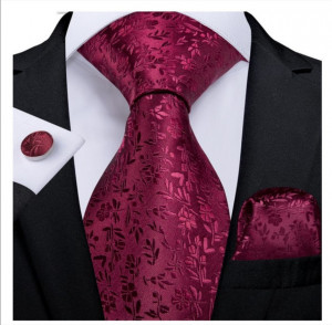 Set cravata bordo grena + batista + butoni - matase - model 121