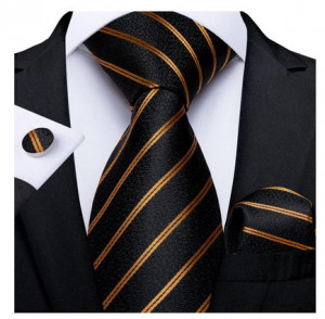 Set cravata neagra cu auriu + batista + butoni - matase - model 270