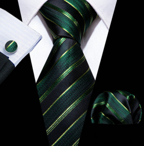 Set cravata verde cu negru + batista + butoni - matase - model 600