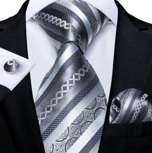 Set cravata argintie + batista + butoni - matase - model 646
