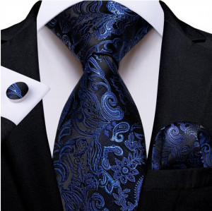 Set cravata bleumarin + batista + butoni - matase - model 445