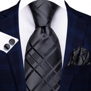 Set cravata neagra + batista + butoni - matase - model 578