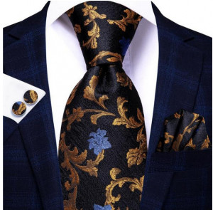 Set cravata neagra cu auriu + batista + butoni - matase - model 505