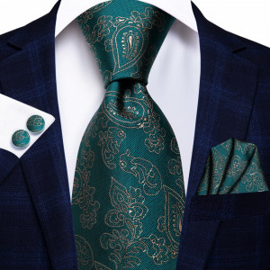 Set cravata verde + batista + butoni - matase - model 66