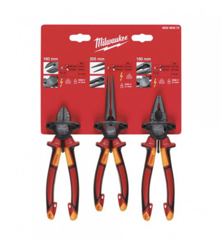 SET 3 CLEȘTI VDE- CU TĂIȘ LATERAL (160MM), CU NAS LUNG (205 MM), COMBINAT (180 MM)