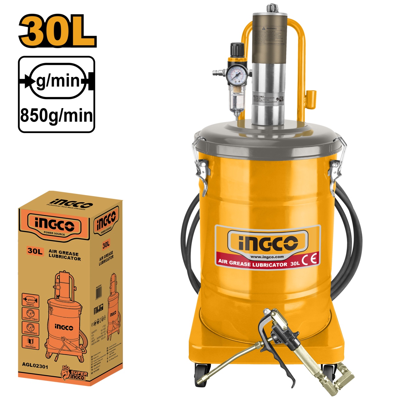 Pompa de gresat Gresor Pneumatic 30L, 6-8bar, Ingco AGL02301