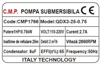 Pompa submersibila apa curata CMP1766 QDX3-25-0.75, 0.75kW, 1HP, debit 3 mc/h, inaltime refulare 25m, 2860RPM, 110-220V, fara plutitor - imagine 3