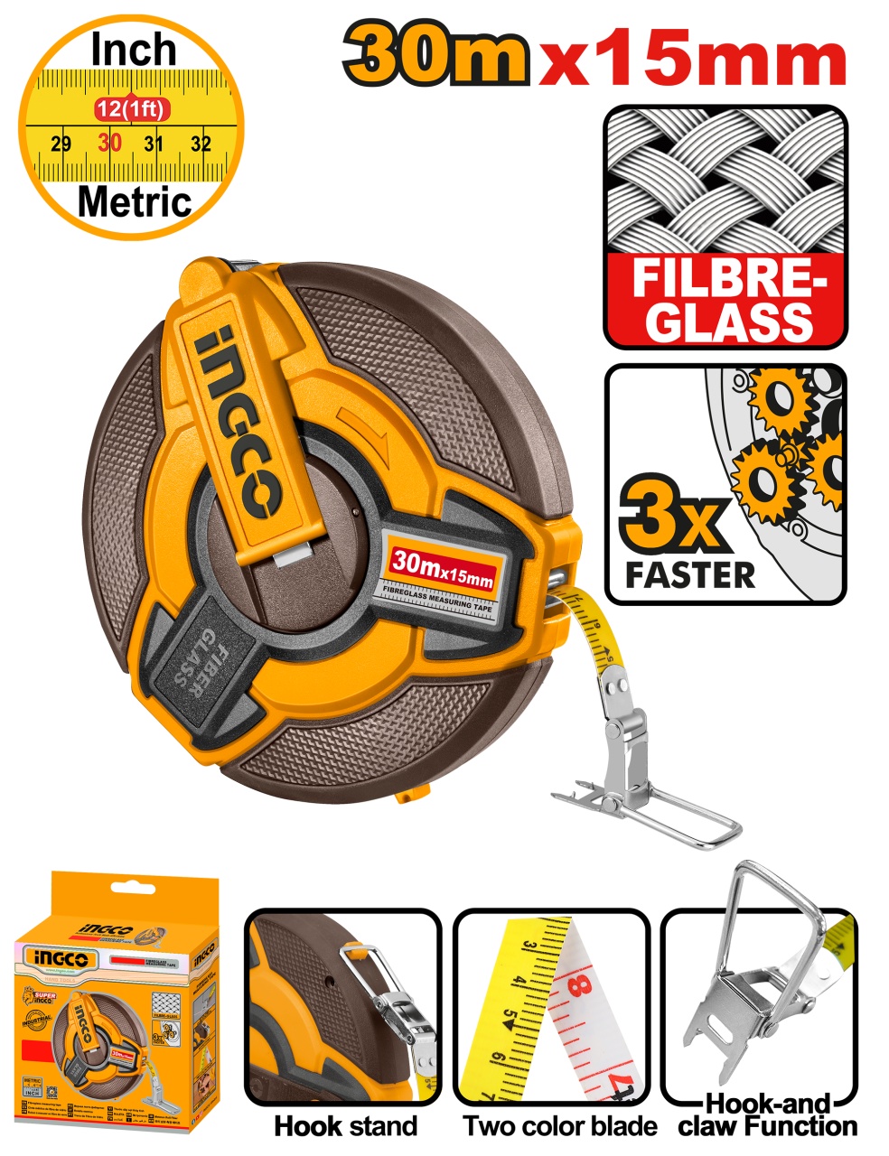 Ruleta cu banda de fibra 30m x 15mm retragere rapida 3:1 scala metrica si inch INGCO HFMT1830
