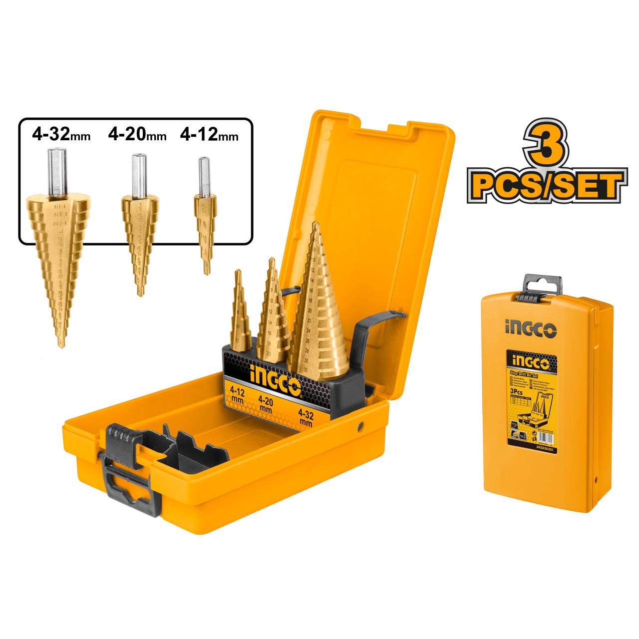 Set Burghie in trepte Conice 3 buc, 4-32 mm, Ingco AKSDS0301